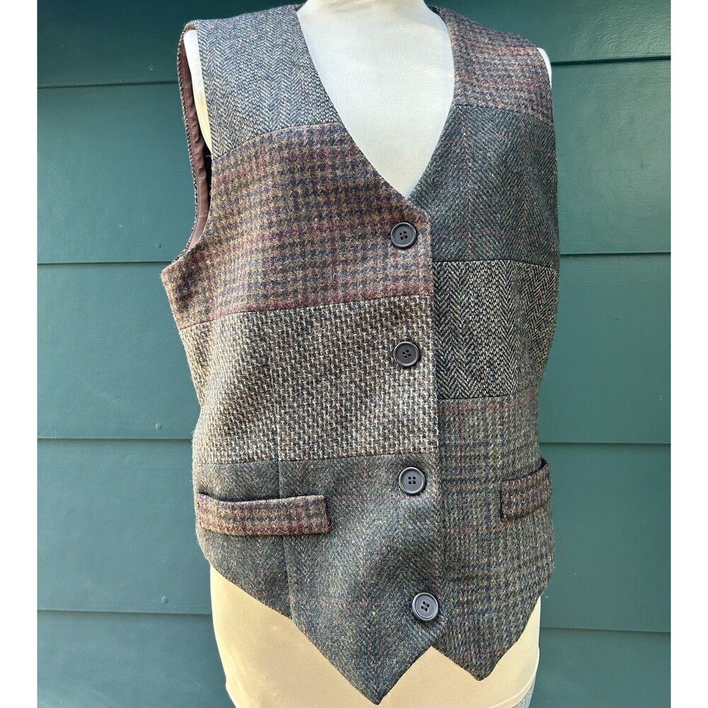 Vintage 90s Patchwork Tweed Wool Vest Women’s Size 14 Waistcoat Academia Preppy